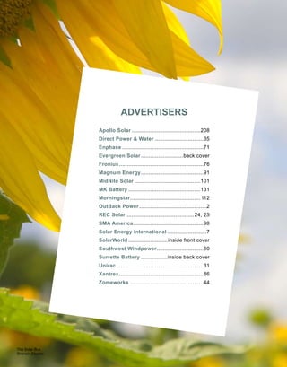 Please call us with any questions! Our contact information is on the cover.
SOLAR
MODULES
23
PV
Modules
SolarWorld
Sunmodule PV Modules
SolarWorld California was founded in March 2005 and expanded
in July 2006 with the acquisition of Shell Solar Industries’ solar
manufacturing facilities that had been operating in the USAsince
1977. The factory, originally opened by ARCO Solar, later sold
to Siemens Solar and then Shell, was purchased by SolarWorld
in 2006.
Headquartered in Camarillo, California, SolarWorld California
maintains ingot production facilities in Vancouver, WAand wafer,
cell and module production facilities in the Camarillo facility.
SolarWorld California modules are made in the USA ensuring
high quality, performance and output. SolarWorld California is
the largest manufacturer of solar modules in the U.S.
In 2007, SolarWorld acquired the Komatsu silicon wafer produc-
tion facility in Hillsboro, Oregon, and is currently renovating the
480,000 square foot facility that will convert raw silicon into up
to 500 MW worth of PV wafers and cells every year. The new
Hillsboro facility will come on line in fall 2008.
SW 165/175 Mono Modules
These SolarWorld PV modules are designed for use in high-voltage
grid-tie applications as well as in large industrial and off-grid
applications for 24- or 48-volt battery charging. These modules use
72 ﬁve-inch semi-square single-crystalline cells in series behind
tempered glass. They feature clear-anodized aluminum frames
and a sealed junction box with bypass diodes and Multi-Contact
locking connector output cables.
The Sunmodule is certiﬁed to the stringent safety and design
requirements of UL1703 and IEC 61215. All US Sunmodules
are currently produced in the ISO 9001:2000 certiﬁed Camarillo,
California facility. SolarWorld offers end-of-life module recycling
for all Sunmodules.
10-year 90% power warranty, 25-year 80% power warranty. UL
Listed. CEC approved. Module SW165-mono SW175-mono
Peak power watts 165 175
Peak	
 