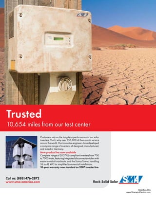 S E I
Renewable Energy Education
for a Sustainable Future
HANDS-ON WORKSHOPS &
Solar Energy International presents
ONLINE COURSES
SEI Renewable Energy Workshops:
-PV Design and Installation
-Advanced Photovoltaics- Design Criteria & NEC
-Building for the Future
-R.E. for the Developing World
-Solar and Radiant Heating
-Straw Bale Construction & Plasters
-Solar Water Pumping
-Solar Hot Water
-Micro Hydro
-Wind Power
-Biodiesel
*Workshop Schedule Available Online Now
-PV Lab Week
-Grid-tied Photovoltaics
-Natural Home Building
Over 20 years
experience in
RE training
Log on to your Solar Future
Online Course offerrings
PV Design & Installation- PV I
PV Design & Code Compliancy- PV II
Building for the Future
(Sustainable Home Design)
“I’m so impressed with this beautiful
place. I can’t imagine more lucid,
knowledgeable, personable teachers.
You leave SEI with the little green
LED light on the charge controller
of your battery-bank mind indicating
FULL & ready.”
- Jonathon Dobson,
Workshop participant, 2006
PO Box 715 Carbondale, CO 81623
39845 Mathews Lane Paonia, CO 81428
970-963-8855 • fax 970-963-8866
sei@solarenergy.org • www.solarenergy.org
Solar Energy International
Workshops in 12 States,
Mexico, Costa Rica,
Nicaragua & Ecuador
www.solarenergy.org
 