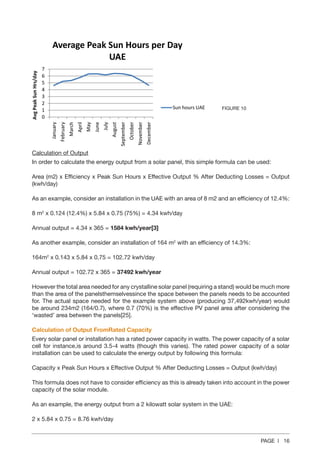 PAGE | 16
Calculation of Output
In order to calculate the energy output from a solar panel, this simple formula can be used:
Area (m2) x Efficiency x Peak Sun Hours x Effective Output % After Deducting Losses = Output
(kwh/day)
As an example, consider an installation in the UAE with an area of 8 m2 and an efficiency of 12.4%:
8 m2
x 0.124 (12.4%) x 5.84 x 0.75 (75%) = 4.34 kwh/day
Annual output = 4.34 x 365 = 1584 kwh/year[3]
As another example, consider an installation of 164 m2
with an efficiency of 14.3%:
164m2
x 0.143 x 5.84 x 0.75 = 102.72 kwh/day
Annual output = 102.72 x 365 = 37492 kwh/year
However the total area needed for any crystalline solar panel (requiring a stand) would be much more
than the area of the panelsthemselvessince the space between the panels needs to be accounted
for. The actual space needed for the example system above (producing 37,492kwh/year) would
be around 234m2 (164/0.7), where 0.7 (70%) is the effective PV panel area after considering the
‘wasted’ area between the panels[25].
Calculation of Output FromRated Capacity
Every solar panel or installation has a rated power capacity in watts. The power capacity of a solar
cell for instance,is around 3.5-4 watts (though this varies). The rated power capacity of a solar
installation can be used to calculate the energy output by following this formula:
Capacity x Peak Sun Hours x Effective Output % After Deducting Losses = Output (kwh/day)
This formula does not have to consider efficiency as this is already taken into account in the power
capacity of the solar module.
As an example, the energy output from a 2 kilowatt solar system in the UAE:
2 x 5.84 x 0.75 = 8.76 kwh/day
FIGURE 10
 