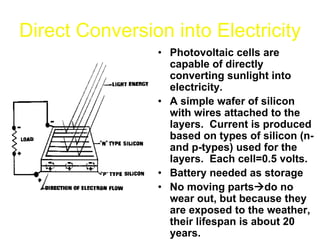 Direct Conversion into Electricity
                • Photovoltaic cells are
                  capable of directly
                  converting sunlight into
                  electricity.
                • A simple wafer of silicon
                  with wires attached to the
                  layers. Current is produced
                  based on types of silicon (n-
                  and p-types) used for the
                  layers. Each cell=0.5 volts.
                • Battery needed as storage
                • No moving partsdo no
                  wear out, but because they
                  are exposed to the weather,
                  their lifespan is about 20
                  years.
 