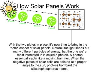 How Solar Panels Work




With the two plates in place, it's now time to bring in the
 'solar' aspect of solar panels. Natural sunlight sends out
   many different particles of energy, but the one we're
      most interested in is called a photon. A photon
     essentially acts like a moving hammer. When the
   negative plates of solar cells are pointed at a proper
           angle to the sun, photons bombard the
                 silicon/phosphorus atoms.
 