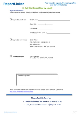 Find Industry reports, Company profiles
ReportLinker                                                                               and Market Statistics
                                          >> Get this Report Now by email!
              Payment Information
              Please indicate the payment method, you would like to use by selecting the appropriate box.




                     Payment by credit card               Card Number: ______________________________________________


                                                          Expiry Date     __________ / _________


                                                          CVV Number _____________________


                                                          Card Type (ex: Visa, Amex…) _________________________________




                     Payment by wire transfer             Crédit Mutuel
                                                          RIB : 10278 07314 00020257701 89
                                                          BIC : CMCIFR2A
                                                          IBAN : FR76 1027 8073 1400 0202 5770 189




                      Payment by check                    UBIQUICK SAS
                                                          16 rue Grenette – 69002 LYON, FRANCE




                                    Customer signature:

                                     




              Please note that by ordering from Reportlinker you are agreeing to our Terms and Conditions at
              http://www.reportlinker.com/index/terms




                                                           Please fax this form to:

                                                Europe, Middle East and Africa : + 33 4 37 37 15 56

                                                 Asia, Oceania and America : + 1 (805) 617 17 93




Solar PV Report (From Slideshare)                                                                                         Page 10/10
 