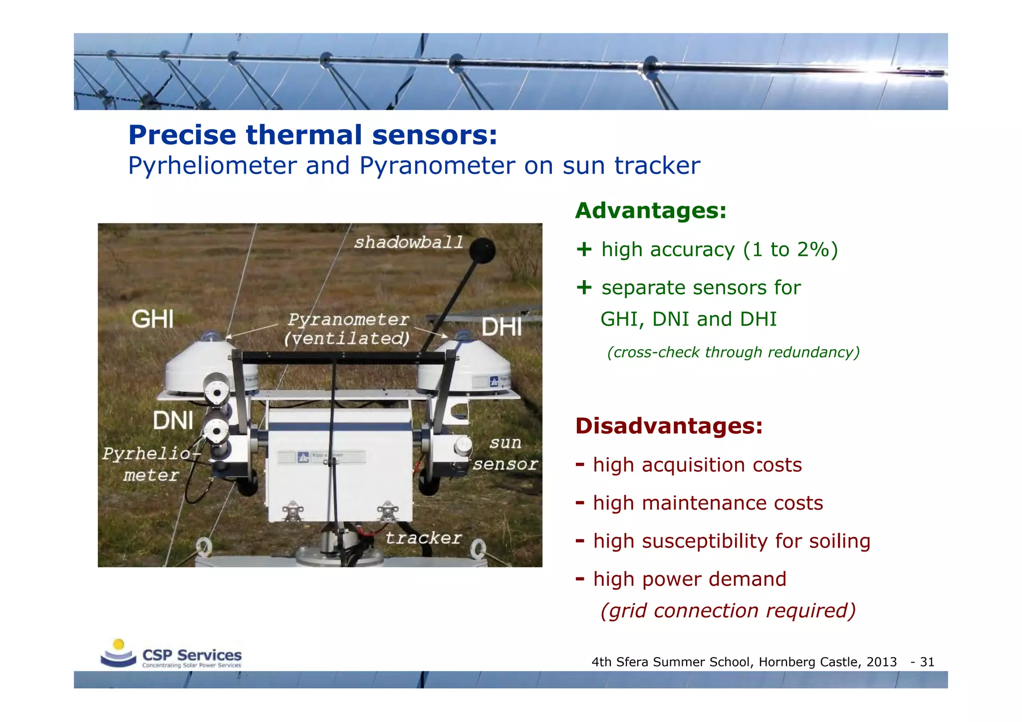 Precise thermal sensors:

Pyrheliometer and Pyranometer on sun tracker
Advantages:
+ high accuracy (1 to 2%)
-GHI

-DNI

-DHI

+ separate sensors for
GHI, DNI and DHI
(cross-check through redundancy)

Disadvantages:
- high acquisition costs
- high maintenance costs
- high susceptibility for soiling
- high power demand
(grid connection required)
4th Sfera Summer School, Hornberg Castle, 2013

- 31

 