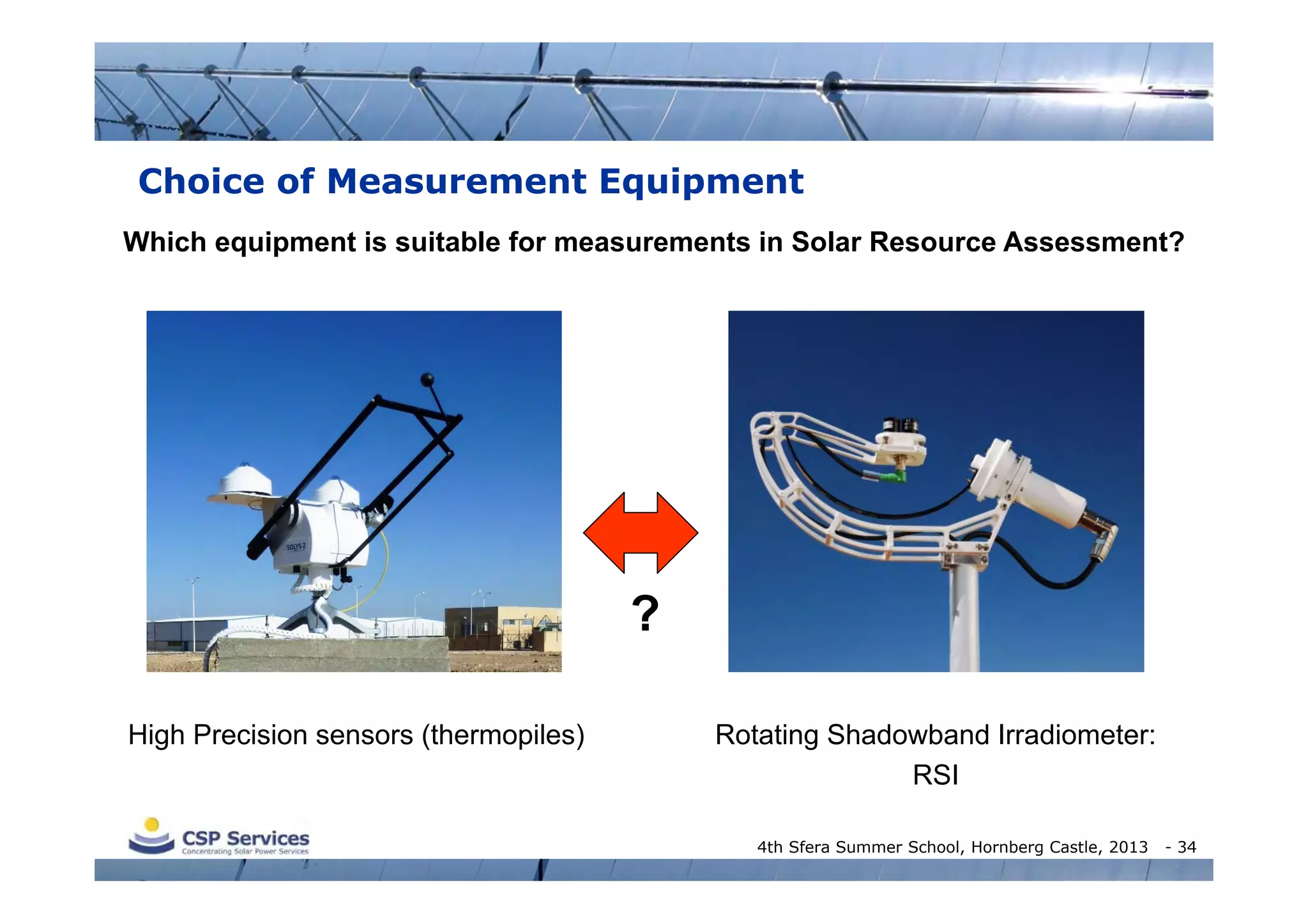 Choice of Measurement Equipment
Which equipment is suitable for measurements in Solar Resource Assessment?

?
High Precision sensors (thermopiles)

Rotating Shadowband Irradiometer:
RSI
4th Sfera Summer School, Hornberg Castle, 2013

- 34

 