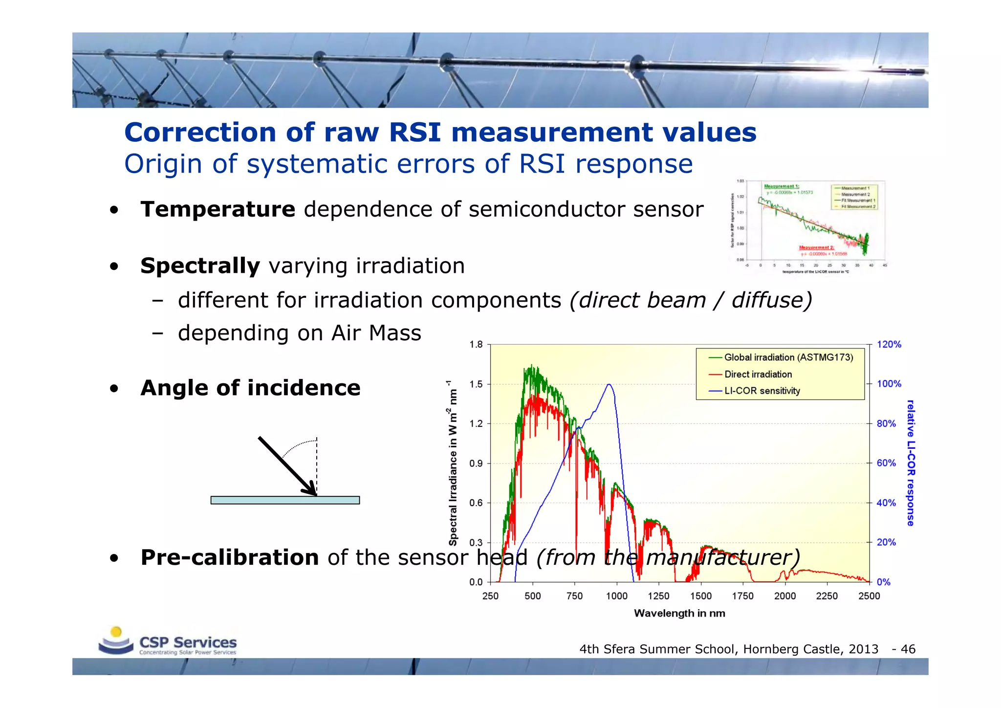Correction of raw RSI measurement values
Origin of systematic errors of RSI response
• Temperature dependence of semiconductor sensor
• Spectrally varying irradiation
– different for irradiation components (direct beam / diffuse)
– depending on Air Mass
• Angle of incidence

• Pre-calibration of the sensor head (from the manufacturer)

4th Sfera Summer School, Hornberg Castle, 2013

- 46

 