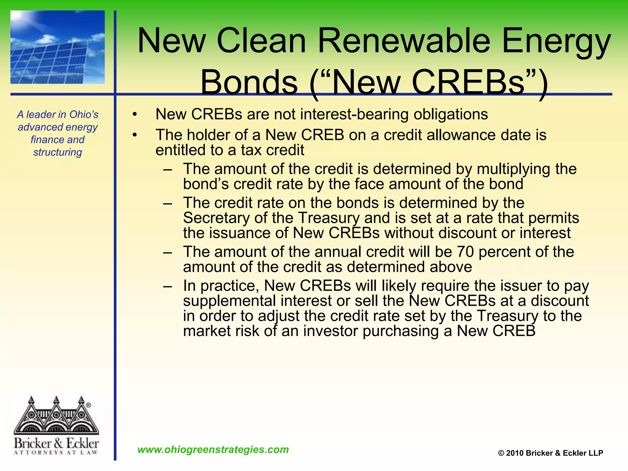 Assessment revenue can pay debt service on “special obligation” revenue bonds. Solar SID Financing:Debt Options“Special obligation” revenue bonds would be issued by another entity, like an Ohio Port Authority, OAQDA or ODOD.Port Authority “Bond Fund” programs may be available.It is anticipated that one or more of these entities will apply and become U.S. Department of Energy approved “development finance organizations” and as such special obligation revenue bonds issued by these issuers would be eligible for U.S. Department of Energy loan guarantees.