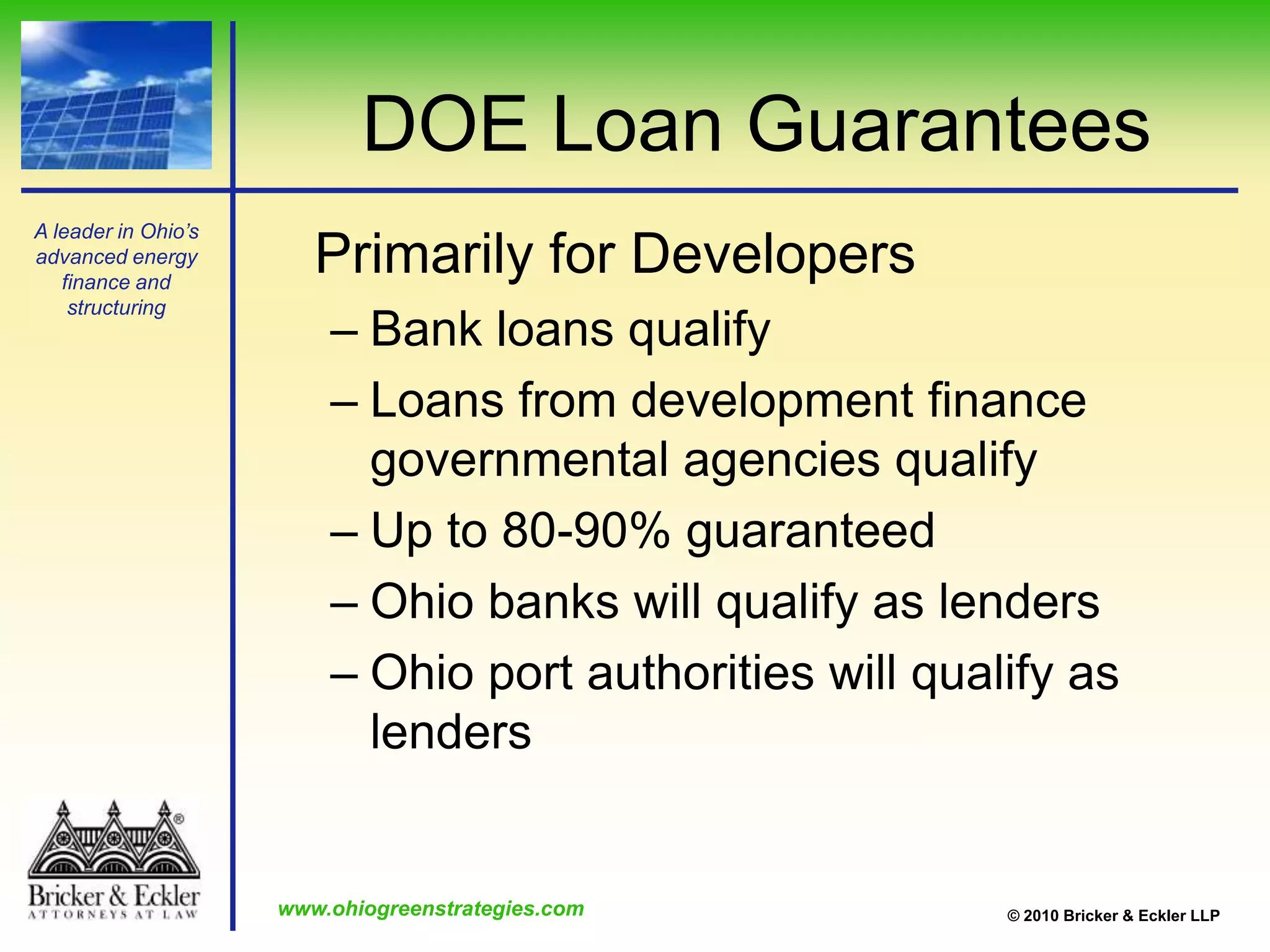 Expansion of SID Law: Senate Bill 223S.B. 223 expands authority to other“Special Energy Improvement Projects”WindGeothermalBiomassGasificationEnergy Efficiency Improvements