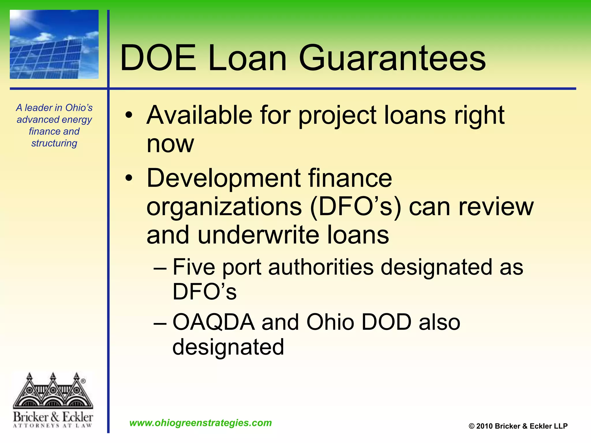 New Clean Renewable Energy Bonds (“New CREBs”)New CREBs are tax credit bonds similar in form to CREBs whose termination date was extended to December 31, 2009 (only New CREBs are now available to issuers without a preexisting CREBs volume cap award)100% of the available project proceeds of New CREBs are to be used for capital expenditures incurred by governmental bodies, public power companies or cooperative electric companies for one or more types of renewable electric generation facilities (e.g. wind, solar, biomass, municipal solid waste, hydropower, etc.) for which a production tax credit (IRC Section 45) can be claimed, without regard to placed in service dateQualified issuers of New CREBs include utilities, cooperative electric companies, a state or any political subdivision thereof