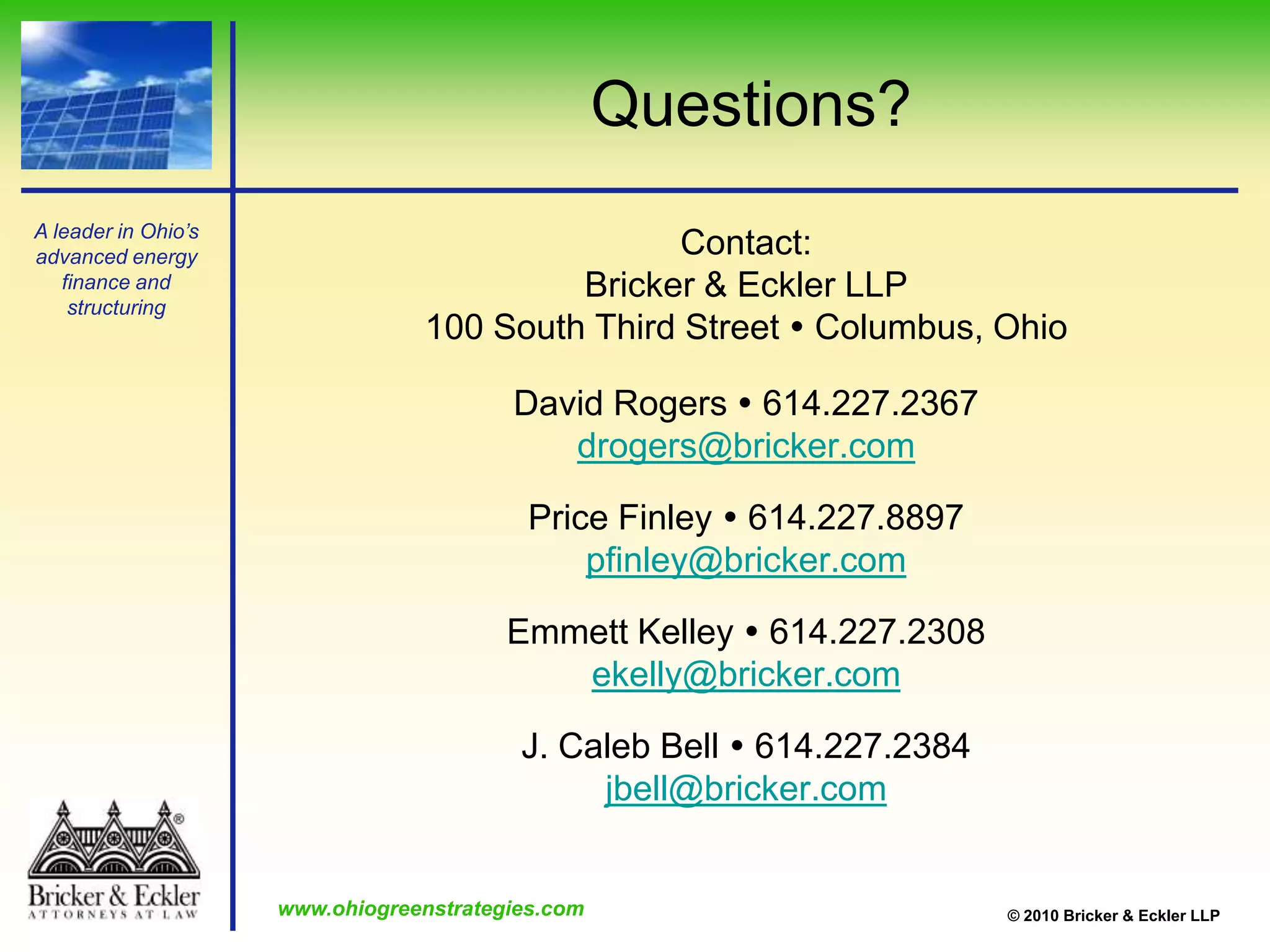 New Clean Renewable Energy Bonds (“New CREBs”)New CREBs are not interest-bearing obligationsThe holder of a New CREB on a credit allowance date is entitled to a tax creditThe amount of the credit is determined by multiplying the bond’s credit rate by the face amount of the bondThe credit rate on the bonds is determined by the Secretary of the Treasury and is set at a rate that permits the issuance of New CREBs without discount or interest The amount of the annual credit will be 70 percent of the amount of the credit as determined above In practice, New CREBs will likely require the issuer to pay supplemental interest or sell the New CREBs at a discount in order to adjust the credit rate set by the Treasury to the market risk of an investor purchasing a New CREB