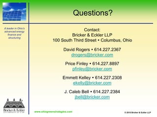 New Clean Renewable Energy Bonds (“New CREBs”)New CREBs are not interest-bearing obligationsThe holder of a New CREB on a credit allowance date is entitled to a tax creditThe amount of the credit is determined by multiplying the bond’s credit rate by the face amount of the bondThe credit rate on the bonds is determined by the Secretary of the Treasury and is set at a rate that permits the issuance of New CREBs without discount or interest The amount of the annual credit will be 70 percent of the amount of the credit as determined above In practice, New CREBs will likely require the issuer to pay supplemental interest or sell the New CREBs at a discount in order to adjust the credit rate set by the Treasury to the market risk of an investor purchasing a New CREB