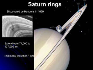 Thickness: less than 1 km Extend from 74,000 to 137,000 km Discovered by Huygens in 1659 Saturn rings 