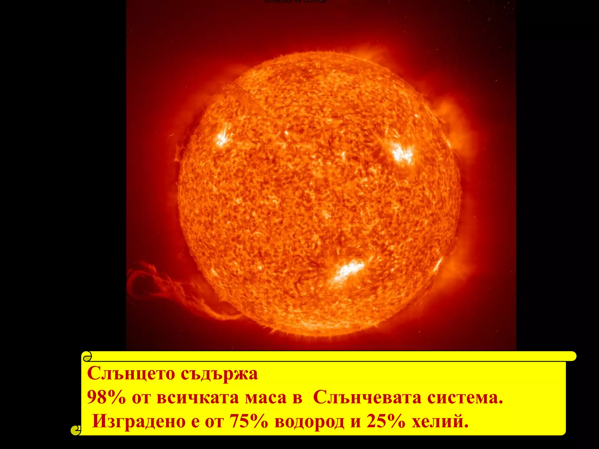 Вспышка на СолнцеСлънцето съдържа 98% от всичката маса в Слънчевата система. Изградено е от 75% водород и 25% хелий.