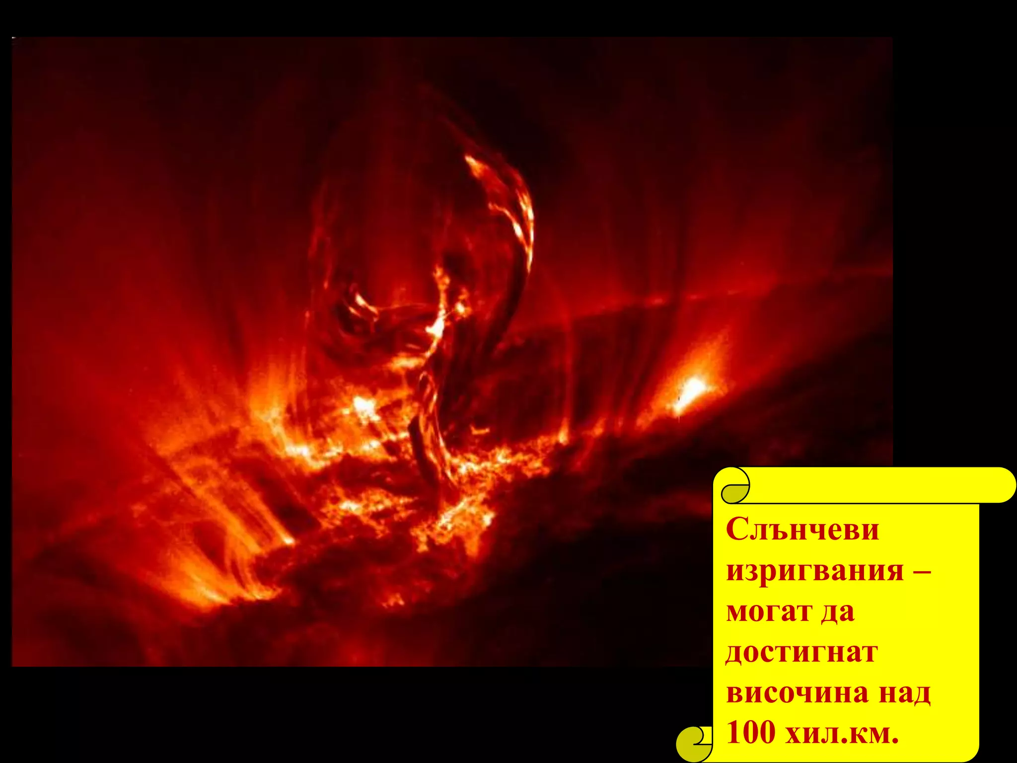 Слънчеви изригвания – могат да достигнат височина над 100 хил.км.Светящееся волокно на Солнце