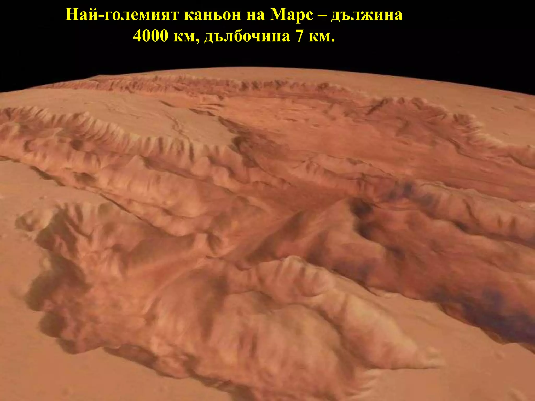 Най-големият каньон на Марс – дължина 4000 км, дълбочина 7 км.