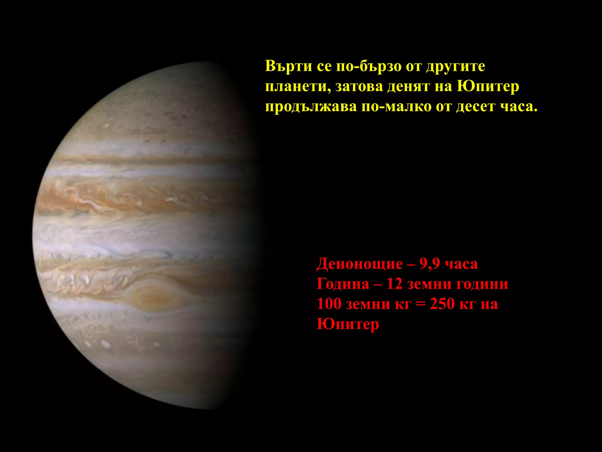 Върти се по-бързо от другите планети, затова денят на Юпитер продължава по-малко от десет часа. Денонощие – 9,9 часаГодина – 12 земни години100 земни кг = 250 кг на Юпитер