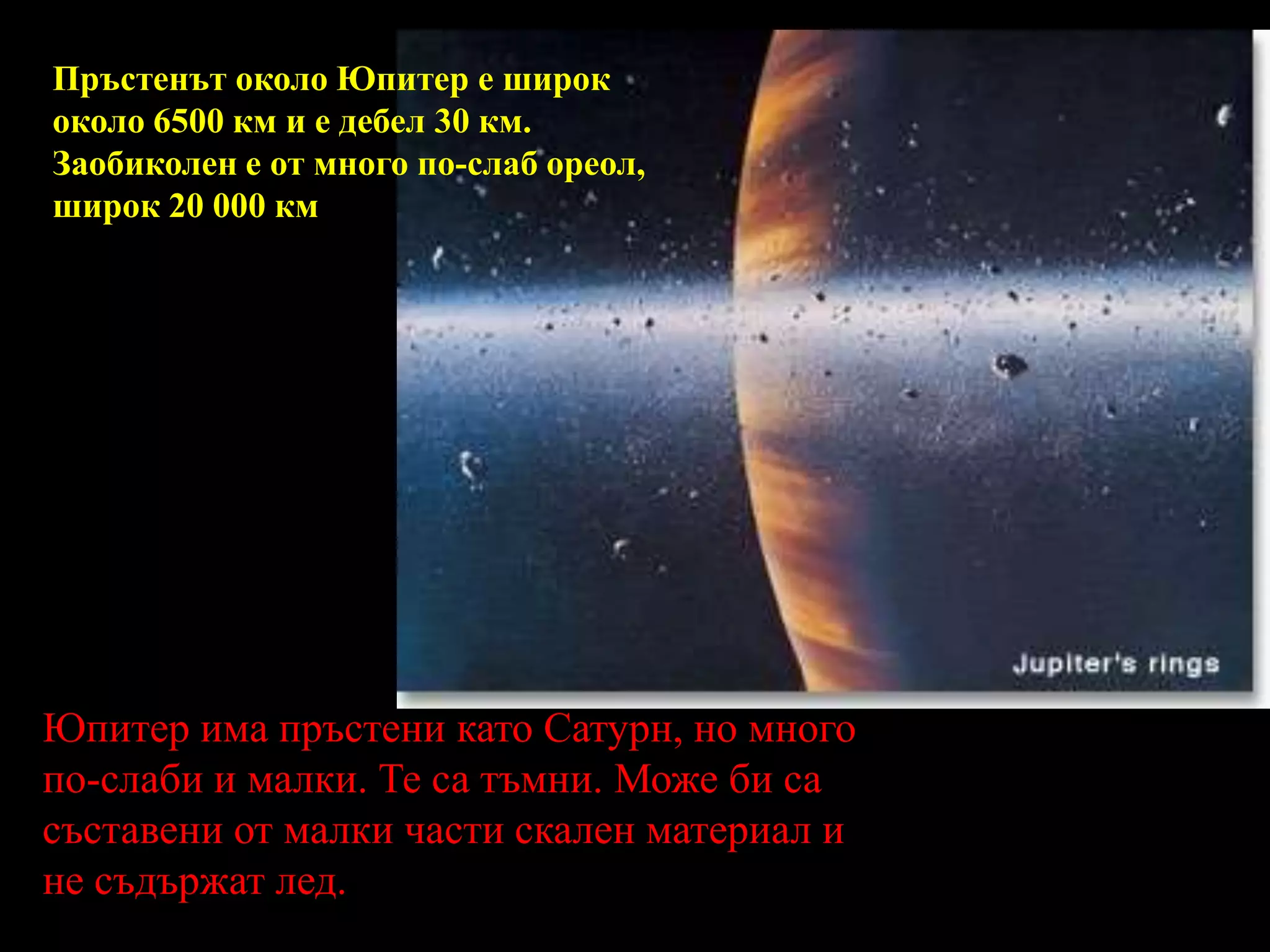 Пръстенът около Юпитер е широк около 6500 км и е дебел 30 км. Заобиколен е от много по-слаб ореол, широк 20 000 кмЮпитер има пръстени като Сатурн, но много по-слаби и малки. Те са тъмни. Може би са съставени от малки части скален материал и не съдържат лед.