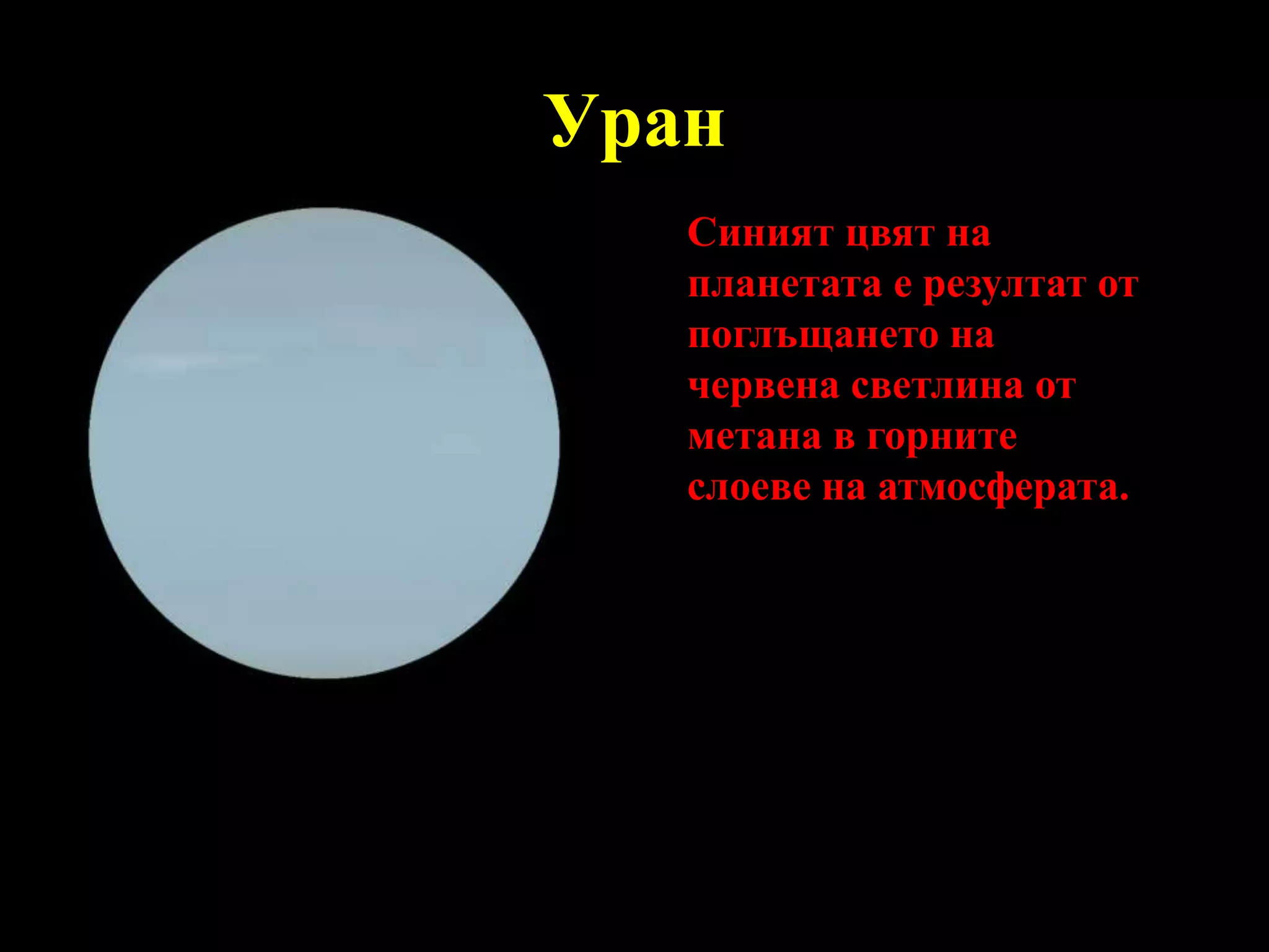 УранСиният цвят на планетата е резултат от поглъщането на червена светлина от метана в горните слоеве на атмосферата. 