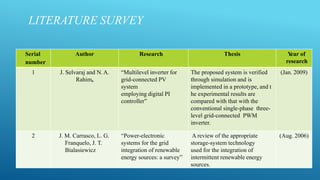 LITERATURE SURVEY
Serial
number
Author Research Thesis Y
ear of
research
1 J. Selvaraj and N.A.
Rahim,
“Multilevel inverter for
grid-connected PV
system
employing digital PI
controller”
The proposed system is verified
through simulation and is
implemented in a prototype, and t
he experimental results are
compared with that with the
conventional single-phase three-
level grid-connected PWM
inverter.
(Jan. 2009)
2 J. M. Carrasco, L. G.
Franquelo, J. T.
Bialasiewicz
“Power-electronic
systems for the grid
integration of renewable
energy sources: a survey”
A review of the appropriate
storage-system technology
used for the integration of
intermittent renewable energy
sources.
(Aug. 2006)
 