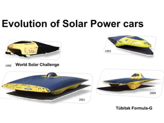 Evolution of Solar Power cars
1990
1993
2001
2009
World Solar Challenge
Tübitak Formula-G
 