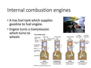 Internal combustion engines
• It has fuel tank which supplies
gasoline to fuel engine.
• Engine turns a transmission
which turns to
wheels
 
