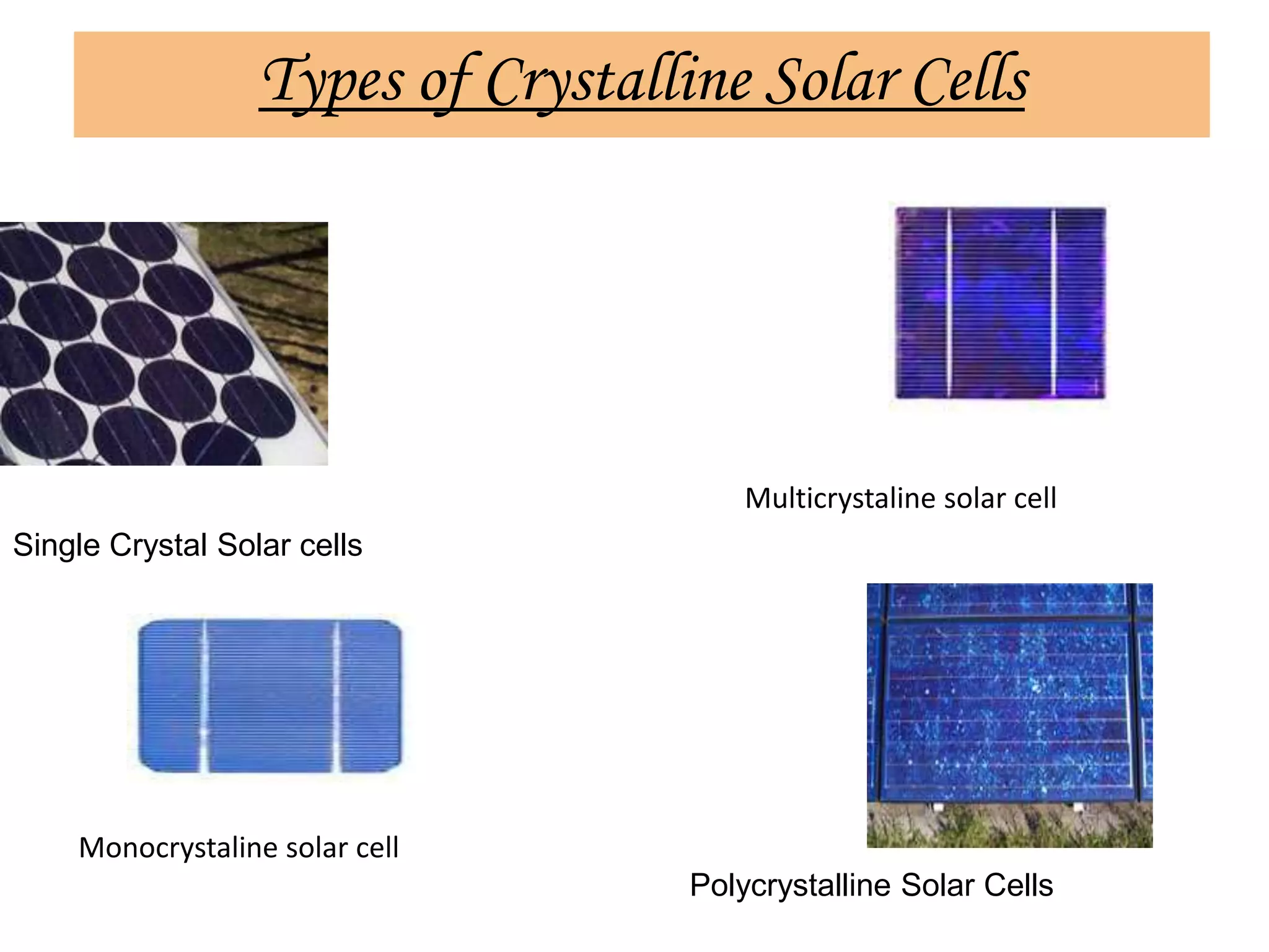 Types of Crystalline Solar Cells
Single Crystal Solar cells
Polycrystalline Solar Cells
Multicrystaline solar cell
Monocrystaline solar cell
 