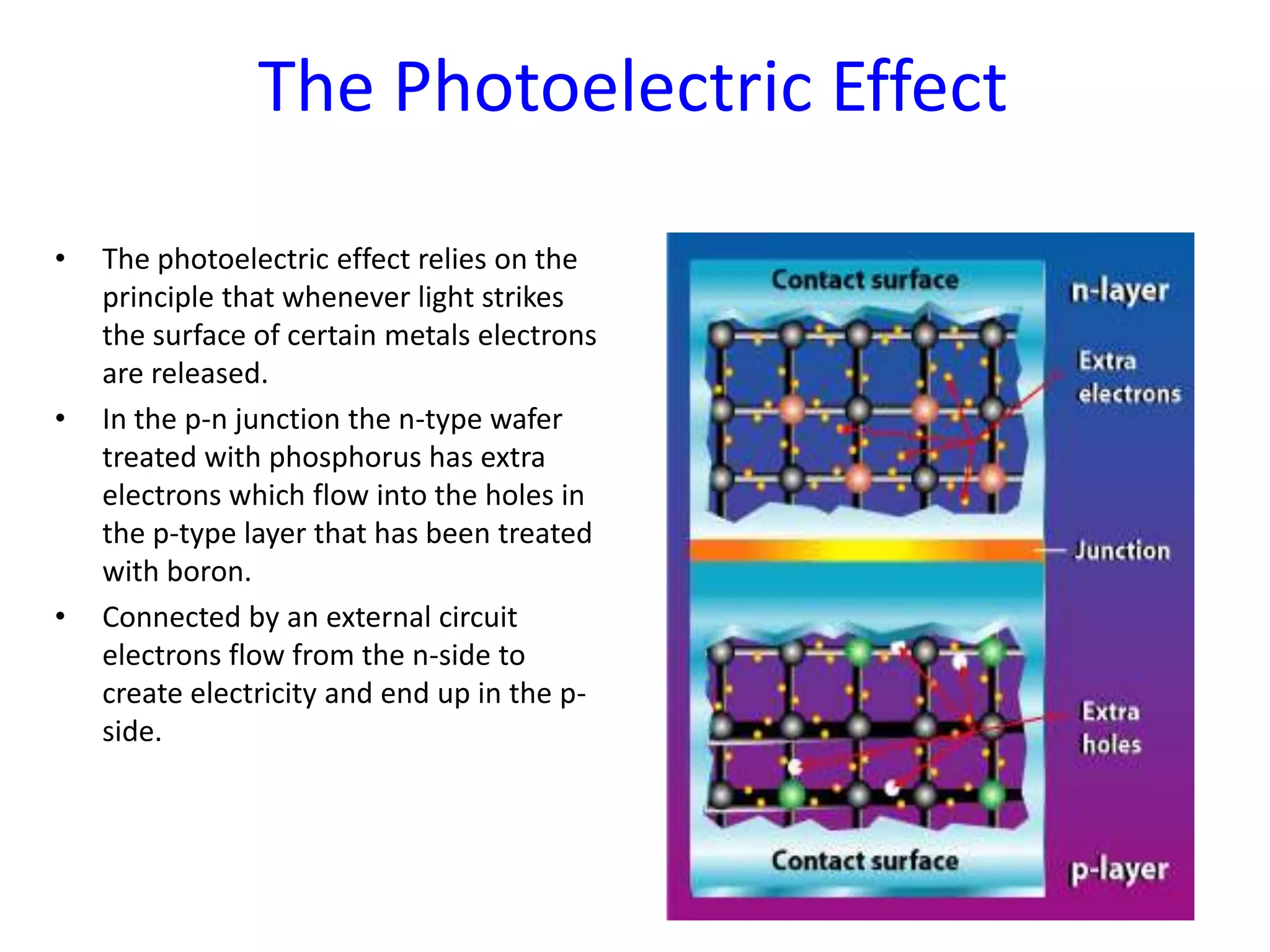 The Photoelectric Effect
• The photoelectric effect relies on the
principle that whenever light strikes
the surface of certain metals electrons
are released.
• In the p-n junction the n-type wafer
treated with phosphorus has extra
electrons which flow into the holes in
the p-type layer that has been treated
with boron.
• Connected by an external circuit
electrons flow from the n-side to
create electricity and end up in the p-
side.
 