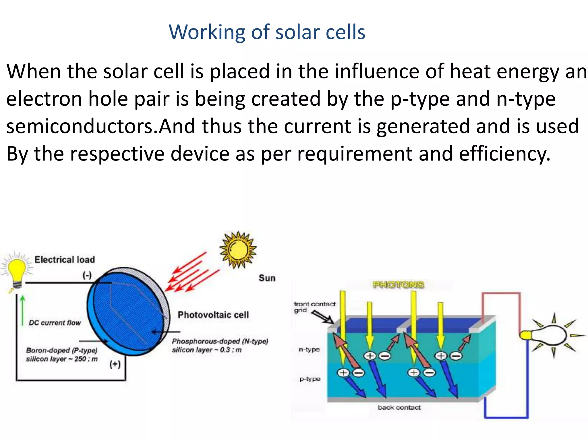 Working of solar cells
WWKJRHKJHWKJEHREWLRKJWERJcted to the solar cell , electrons
flow in the circuit and the current is generated.
When the solar cell is placed in the influence of heat energy an
electron hole pair is being created by the p-type and n-type
semiconductors.And thus the current is generated and is used
By the respective device as per requirement and efficiency.
 