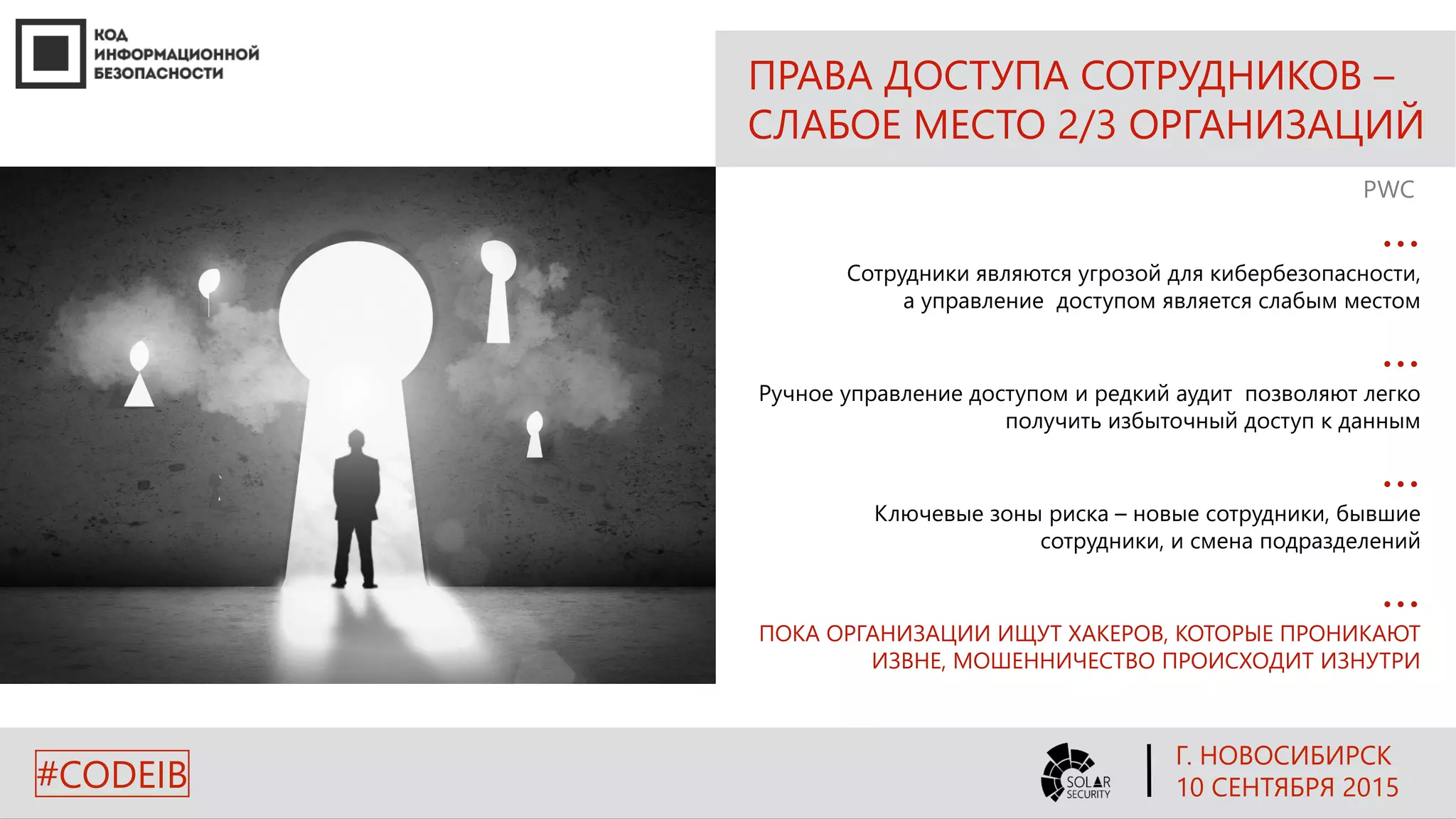 ПРАВА ДОСТУПА СОТРУДНИКОВ –
СЛАБОЕ МЕСТО 2/3 ОРГАНИЗАЦИЙ
…
Сотрудники являются угрозой для кибербезопасности,
а управление доступом является слабым местом
…
Ручное управление доступом и редкий аудит позволяют легко
получить избыточный доступ к данным
…
Ключевые зоны риска – новые сотрудники, бывшие
сотрудники, и смена подразделений
…
ПОКА ОРГАНИЗАЦИИ ИЩУТ ХАКЕРОВ, КОТОРЫЕ ПРОНИКАЮТ
ИЗВНЕ, МОШЕННИЧЕСТВО ПРОИСХОДИТ ИЗНУТРИ
PWC
Г. НОВОСИБИРСК
10 СЕНТЯБРЯ 2015#CODEIB
 