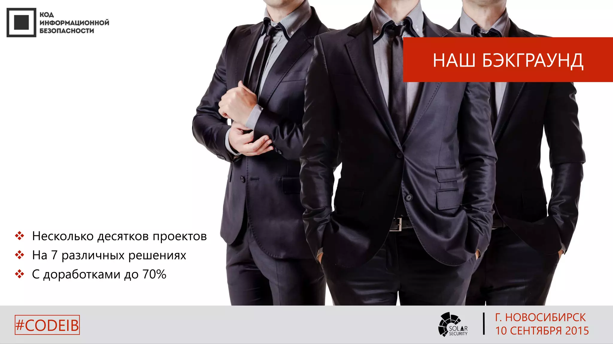 НАШ БЭКГРАУНД
 Несколько десятков проектов
 На 7 различных решениях
 С доработками до 70%
Г. НОВОСИБИРСК
10 СЕНТЯБРЯ 2015#CODEIB
 