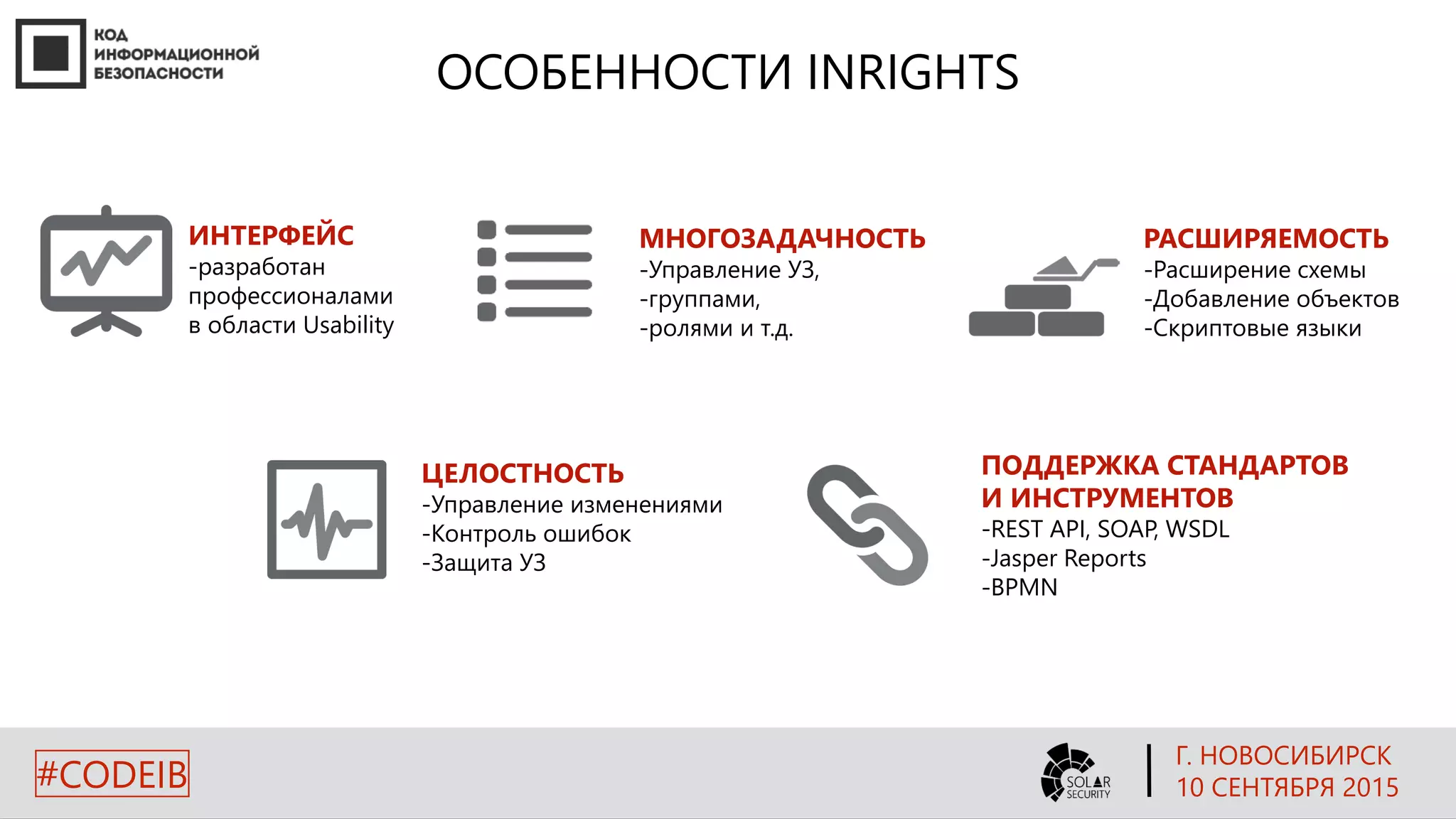 ОСОБЕННОСТИ INRIGHTS
ИНТЕРФЕЙС
-разработан
профессионалами
в области Usability
РАСШИРЯЕМОСТЬ
-Расширение схемы
-Добавление объектов
-Скриптовые языки
МНОГОЗАДАЧНОСТЬ
-Управление УЗ,
-группами,
-ролями и т.д.
ПОДДЕРЖКА СТАНДАРТОВ
И ИНСТРУМЕНТОВ
-REST API, SOAP, WSDL
-Jasper Reports
-BPMN
ЦЕЛОСТНОСТЬ
-Управление изменениями
-Контроль ошибок
-Защита УЗ
Г. НОВОСИБИРСК
10 СЕНТЯБРЯ 2015#CODEIB
 