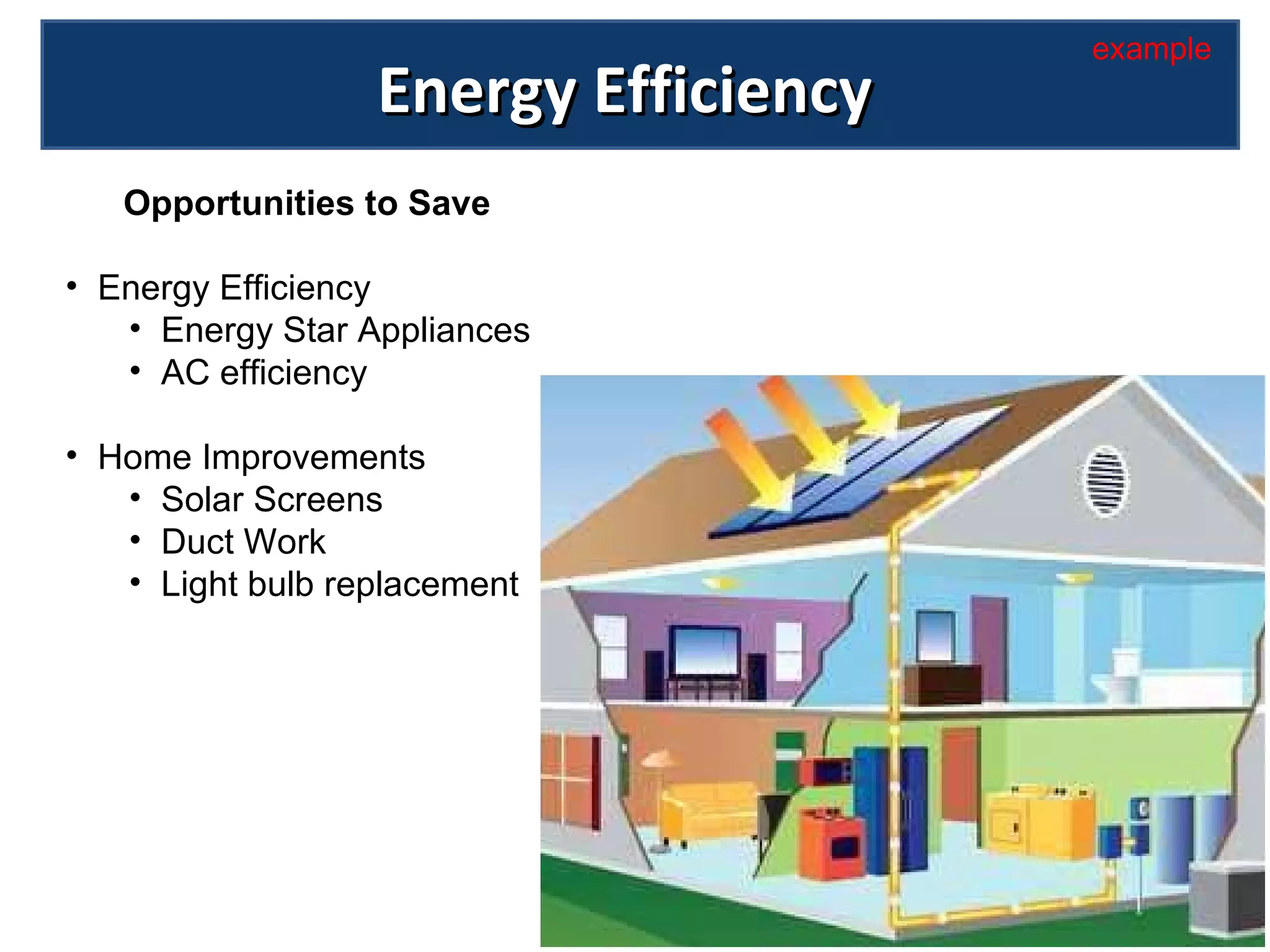 Energy Efficiency Opportunities to Save Energy Efficiency  Energy Star Appliances AC efficiency Home Improvements Solar Screens Duct Work Light bulb replacement example 