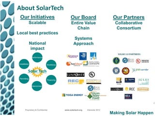 About SolarTech
  Our Initiatives                                 Our Board                         Our Partners
              Scalable                             Entire Value                      Collaborative
                                                      Chain                          Consortium
Local best practices
                                                     Systems
                National                             Approach
                impact
                 Performance`


 Installation                    Workforce




 Permitting
                                 Financing


                 Interconnect




                                                                                                     2

        Proprietary & Confidential           www.solartech.org   Intersolar 2012
                                                                                   Making Solar Happen
 