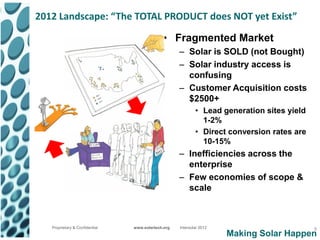 2012 Landscape: “The TOTAL PRODUCT does NOT yet Exist”

                                             • Fragmented Market
                                                    – Solar is SOLD (not Bought)
                                                    – Solar industry access is
                                                      confusing
                                                    – Customer Acquisition costs
                                                      $2500+
                                                            • Lead generation sites yield
                                                              1-2%
                                                            • Direct conversion rates are
                                                              10-15%
                                                    – Inefficiencies across the
                                                      enterprise
                                                    – Few economies of scope &
                                                      scale



   Proprietary & Confidential   www.solartech.org   Intersolar 2012                         9
                                                                      Making Solar Happen
 