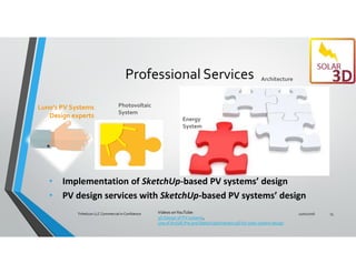 Professional Services Architecture
Energy
System
Photovoltaic
System
Luno’s PV Systems
Design experts
• Implementation of SketchUp-based PV systems’ design
• PV design services with SketchUp-based PV systems’ design
Videos onYouTube:
3D Design of PV systems,
Use of ArcGIS Pro and SketchUp/Inventory3D for solar system design
11/01/2016Trihelicon LLC Commercial in Confidence 13
 