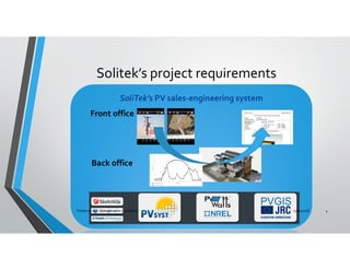 Solitek’s project requirements
SoliTek’s PV sales-engineering system
Front office
Back office
11/01/2016Trihelicon LLC Commercial in Confidence 4
 