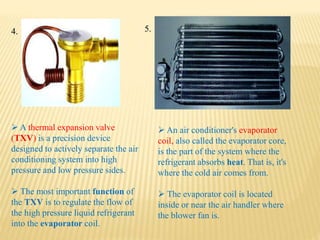  A thermal expansion valve
(TXV) is a precision device
designed to actively separate the air
conditioning system into high
pressure and low pressure sides.
 The most important function of
the TXV is to regulate the flow of
the high pressure liquid refrigerant
into the evaporator coil.
 An air conditioner's evaporator
coil, also called the evaporator core,
is the part of the system where the
refrigerant absorbs heat. That is, it's
where the cold air comes from.
 The evaporator coil is located
inside or near the air handler where
the blower fan is.
4. 5.
 