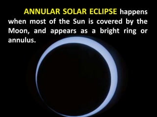 ANNULAR SOLAR ECLIPSE happens
when most of the Sun is covered by the
Moon, and appears as a bright ring or
annulus.
 