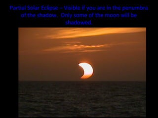 Partial Solar Eclipse – Visible if you are in the penumbra
of the shadow. Only some of the moon will be
shadowed.
 
