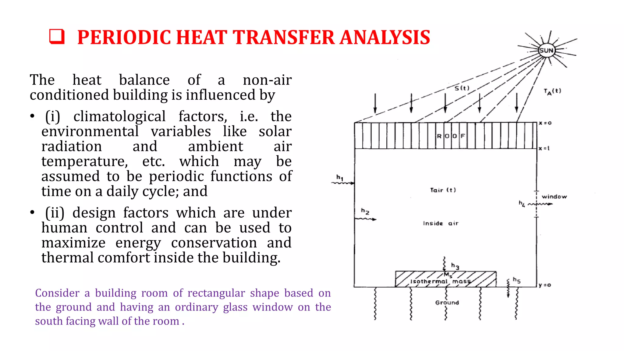  PERIODIC HEAT TRANSFER ANALYSIS
The heat balance of a non-air
conditioned building is influenced by
• (i) climatological factors, i.e. the
environmental variables like solar
radiation and ambient air
temperature, etc. which may be
assumed to be periodic functions of
time on a daily cycle; and
• (ii) design factors which are under
human control and can be used to
maximize energy conservation and
thermal comfort inside the building.
Consider a building room of rectangular shape based on
the ground and having an ordinary glass window on the
south facing wall of the room .
 