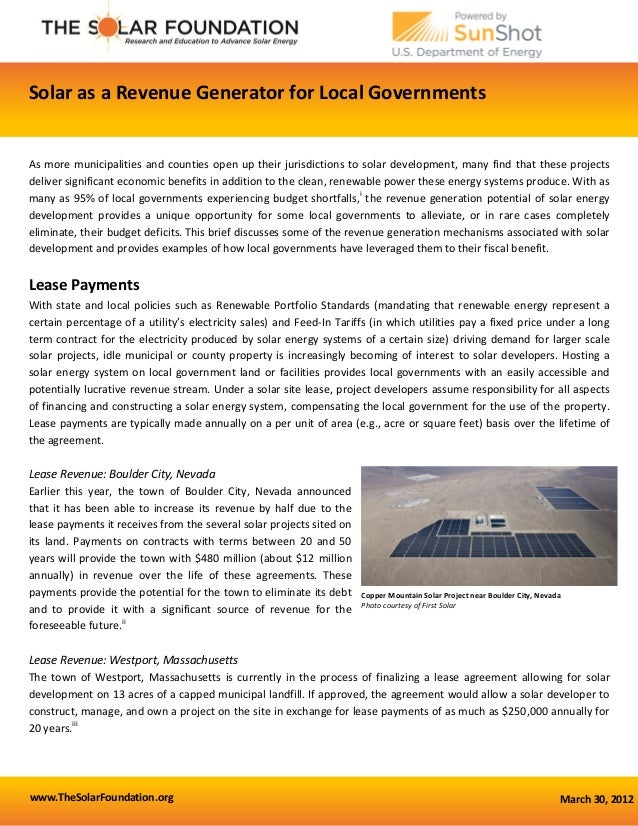 www.TheSolarFoundation.org March 30, 2012
Solar as a Revenue Generator for Local Governments
As more municipalities and co...