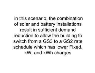 in this scenario, the combination
of solar and battery installations
result in sufficient demand
reduction to allow the building to
switch from a GS3 to a GS2 rate
schedule which has lower Fixed,
kW, and kWh charges
 