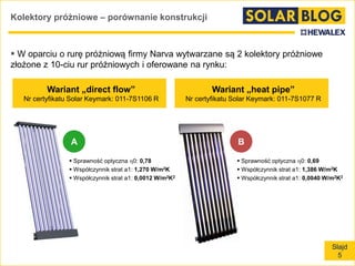 Slajd
5
Kolektory próżniowe – porównanie konstrukcji
 W oparciu o rurę próżniową firmy Narva wytwarzane są 2 kolektory próżniowe
złożone z 10-ciu rur próżniowych i oferowane na rynku:
Wariant „heat pipe”
Nr certyfikatu Solar Keymark: 011-7S1077 R
Wariant „direct flow”
Nr certyfikatu Solar Keymark: 011-7S1106 R
A B
 Sprawność optyczna 0: 0,78
 Współczynnik strat a1: 1,270 W/m2K
 Współczynnik strat a1: 0,0012 W/m2K2
 Sprawność optyczna 0: 0,69
 Współczynnik strat a1: 1,386 W/m2K
 Współczynnik strat a1: 0,0040 W/m2K2
 