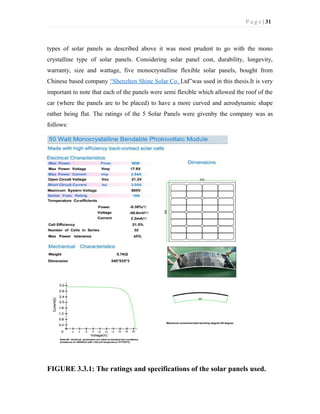 P a g e | 31
types of solar panels as described above it was most prudent to go with the mono
crystalline type of solar panels. Considering solar panel cost, durability, longevity,
warranty, size and wattage, five monocrystalline flexible solar panels, bought from
Chinese based company “Shenzhen Shine Solar Co. Ltd”was used in this thesis.It is very
important to note that each of the panels were semi flexible which allowed the roof of the
car (where the panels are to be placed) to have a more curved and aerodynamic shape
rather being flat. The ratings of the 5 Solar Panels were givenby the company was as
follows:
FIGURE 3.3.1: The ratings and specifications of the solar panels used.
 