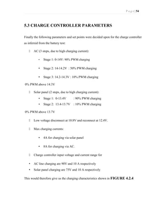 P a g e | 54
5.3 CHARGE CONTROLLER PARAMETERS
Finally the following parameters and set points were decided upon for the charge controller
as inferred from the battery test:
 AC (3 steps, due to high charging current):
• Stage 1: 0-14V: 90% PWM charging
• Stage 2: 14-14.2V : 50% PWM charging
• Stage 3: 14.2-14.3V : 10% PWM charging
0% PWM above 14.3V
 Solar panel (2 steps, due to high charging current):
• Stage 1: 0-13.4V : 90% PWM charging
• Stage 2: 13.4-13.7V : 10% PWM charging
0% PWM above 13.7V
 Low voltage disconnect at 10.8V and reconnect at 12.4V.
 Max charging currents:
• 4A for charging via solar panel
• 8A for charging via AC.
 Charge controller input voltage and current range for
• AC line charging are 90V and 10 A respectively
• Solar panel charging are 75V and 10 A respectively
This would therefore give us the charging characteristics shown in FIGURE 4.2.4
 