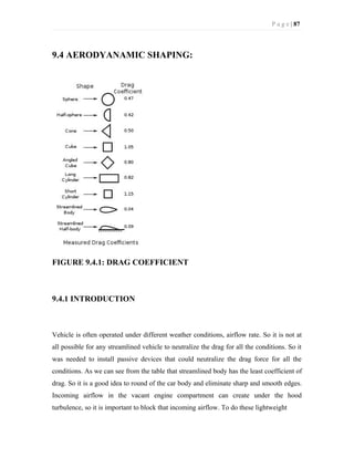 P a g e | 87
9.4 AERODYANAMIC SHAPING:
FIGURE 9.4.1: DRAG COEFFICIENT
9.4.1 INTRODUCTION
Vehicle is often operated under different weather conditions, airflow rate. So it is not at
all possible for any streamlined vehicle to neutralize the drag for all the conditions. So it
was needed to install passive devices that could neutralize the drag force for all the
conditions. As we can see from the table that streamlined body has the least coefficient of
drag. So it is a good idea to round of the car body and eliminate sharp and smooth edges.
Incoming airflow in the vacant engine compartment can create under the hood
turbulence, so it is important to block that incoming airflow. To do these lightweight
 
