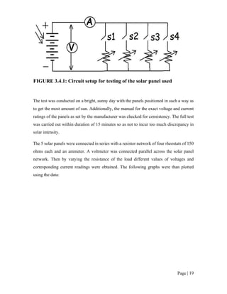 Page | 19
FIGURE 3.4.1: Circuit setup for testing of the solar panel used
The test was conducted on a bright, sunny day with the panels positioned in such a way as
to get the most amount of sun. Additionally, the manual for the exact voltage and current
ratings of the panels as set by the manufacturer was checked for consistency. The full test
was carried out within duration of 15 minutes so as not to incur too much discrepancy in
solar intensity.
The 5 solar panels were connected in series with a resistor network of four rheostats of 150
ohms each and an ammeter. A voltmeter was connected parallel across the solar panel
network. Then by varying the resistance of the load different values of voltages and
corresponding current readings were obtained. The following graphs were than plotted
using the data:
 