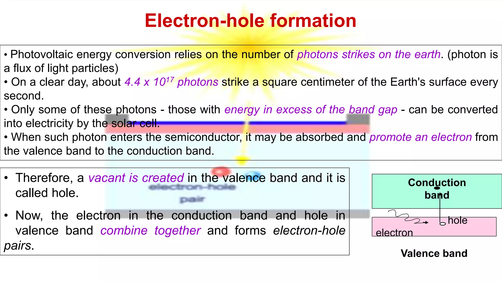 Electron-hole formation
• Photovoltaic energy conversion relies on the number of photons strikes on the earth. (photon is
a flux of light particles)
• On a clear day, about 4.4 x 1017 photons strike a square centimeter of the Earth's surface every
second.
• Only some of these photons - those with energy in excess of the band gap - can be converted
into electricity by the solar cell.
• When such photon enters the semiconductor, it may be absorbed and promote an electron from
the valence band to the conduction band.
Valence band
Conduction
band
hole
electron
• Therefore, a vacant is created in the valence band and it is
called hole.
• Now, the electron in the conduction band and hole in
valence band combine together and forms electron-hole
pairs.
 