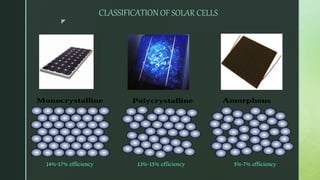 z
CLASSIFICATION OF SOLAR CELLS
14%-17% efficiency 13%-15% efficiency 5%-7% efficiency
 