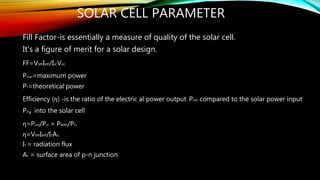 SOLAR CELL PARAMETER
Fill Factor-is essentially a measure of quality of the solar cell.
It’s a figure of merit for a solar design.
FF=VMPIMP/IsCVoC
Pmax=maximum power
PT=theoretical power
Efficiency (η) -is the ratio of the electric al power output Pout compared to the solar power input
Pin, into the solar cell
η=Pout/Pin = PMAX/Pin
η=VMPIMP/ITAS
IT = radiation flux
As = surface area of p-n junction
 