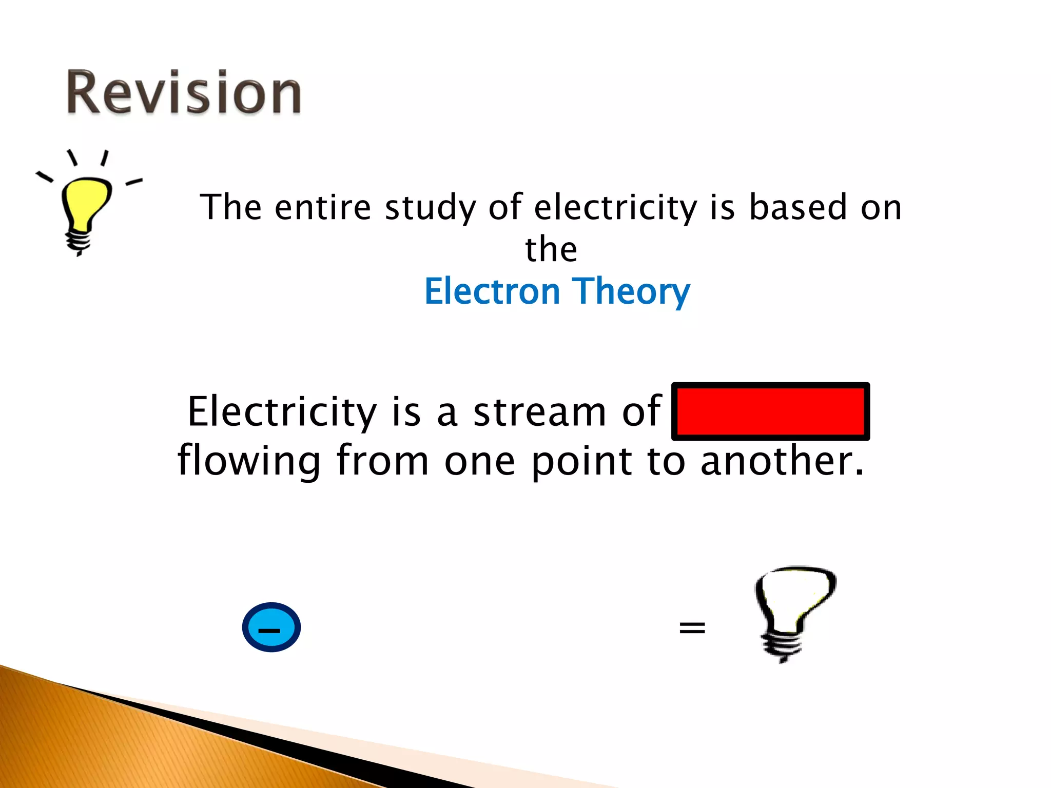 The entire study of electricity is based on
                    the
              Electron Theory


 Electricity is a stream of electrons
flowing from one point to another.



    -                         =
 